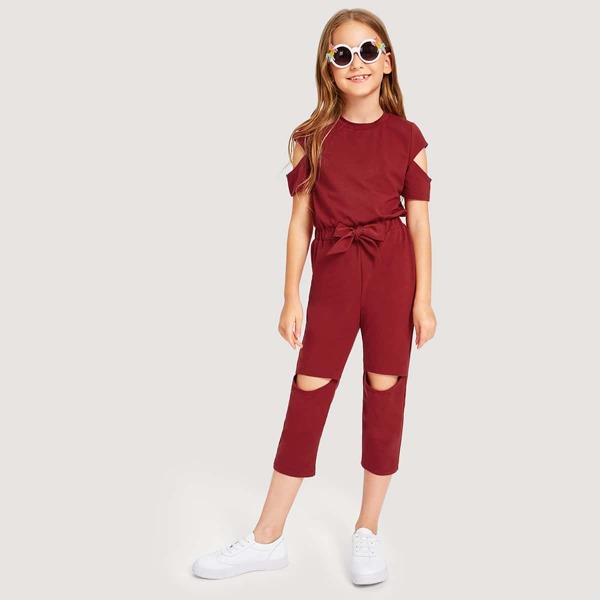 

Girls Zip Back Drawstring Waist Jumpsuit, Burgundy