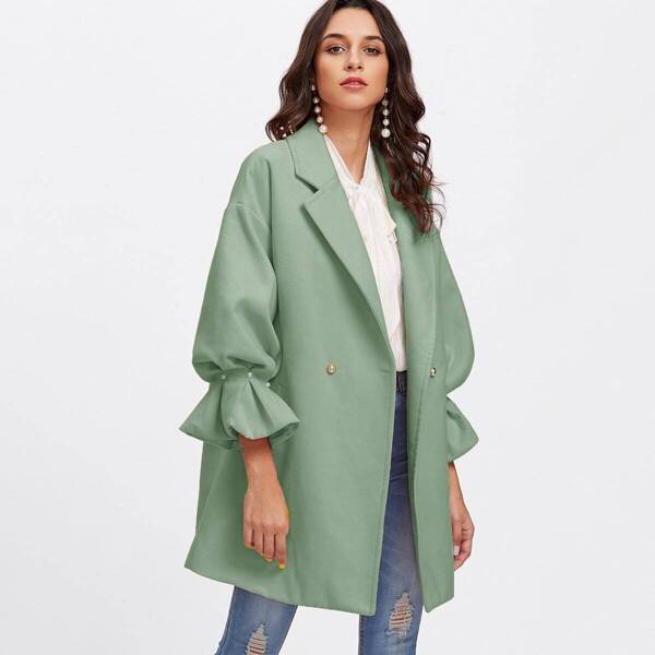 

Drop Shoulder Pearl Detail Ruffle Cuff Coat