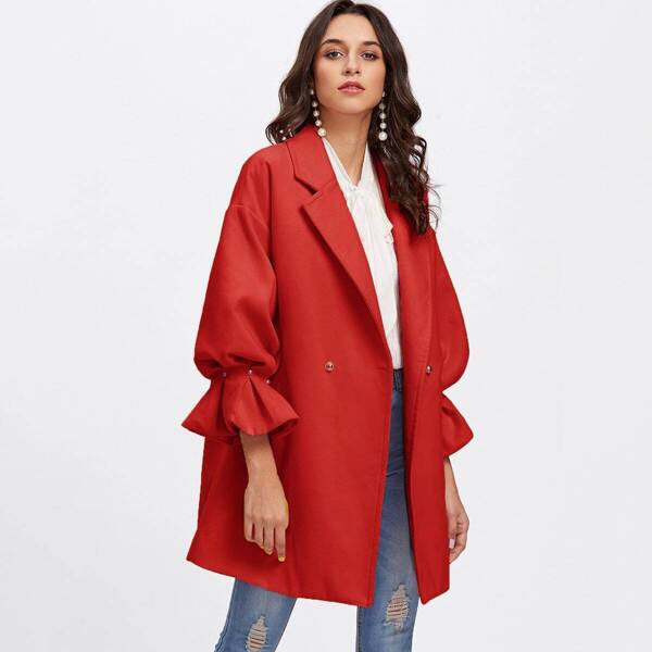 

Drop Shoulder Pearl Detail Ruffle Cuff Coat