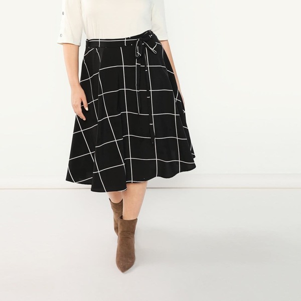 

Plus Self Belted Plaid Flare Skirt