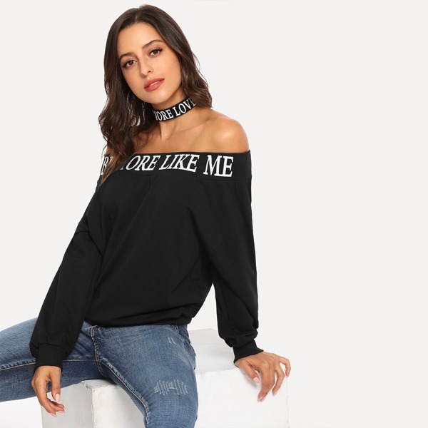

Off Shoulder Letter Print Pullover, Black