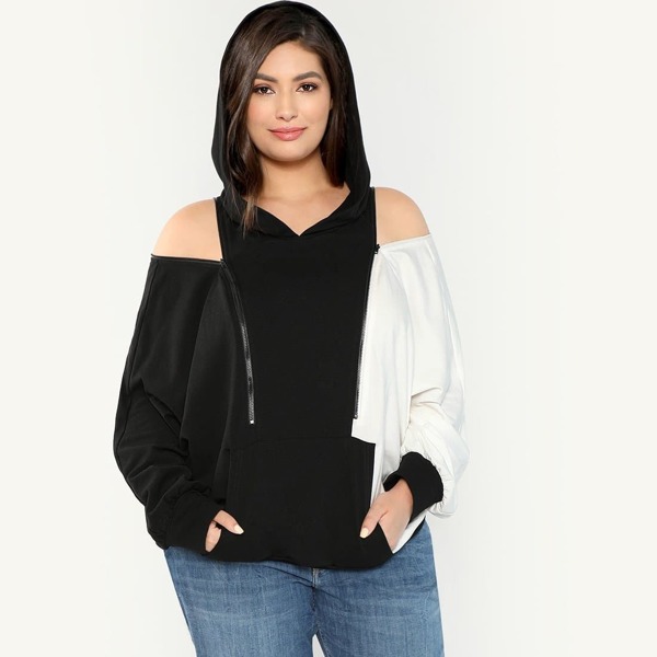 

Plus Zip Detail Cold Shoulder Two Tone Hoodie