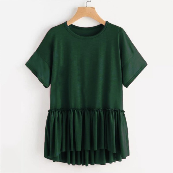 

Ruffled Dip Hem Short Sleeve Tee, Dark green