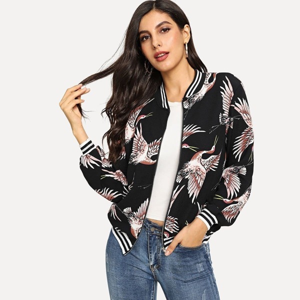 

Crane Print Stripe Trim Bomber Jacket