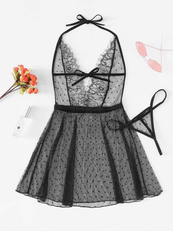

Deep-V Eyelash Lace Dress With Thong, Black
