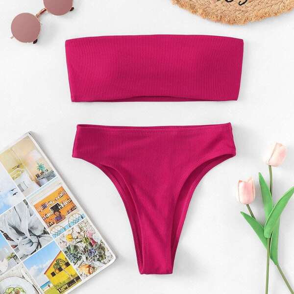 

Plain Bandeau With High Leg Bikini Set