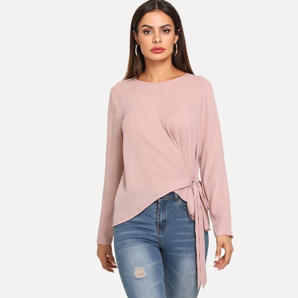 

Button Keyhole Self Tie Wrap Top, Pink