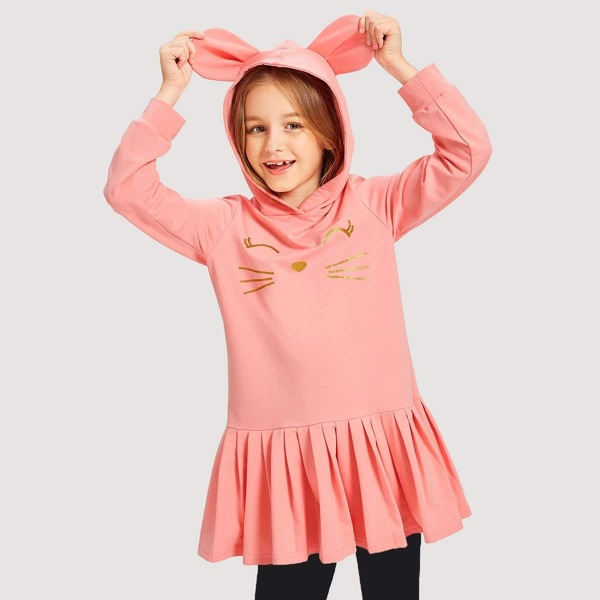 

Girls Ruffle Pleated Hem Rabbit Ear Hoodie Dress