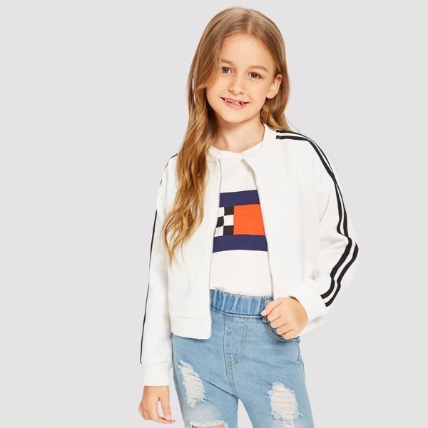 

Girls Zip Up Striped Trim Bomber Jacket, White
