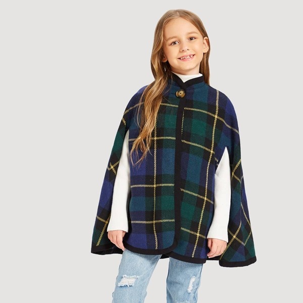 

Girls Button Front Plaid Cape Coat