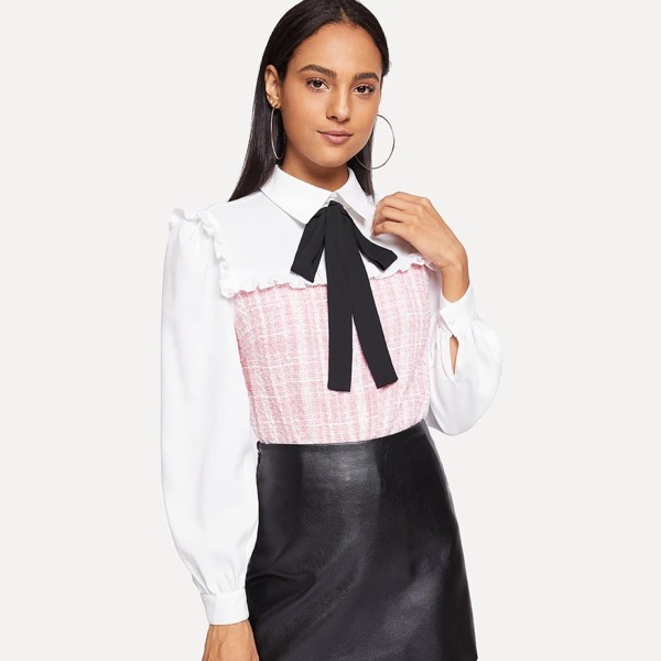 

Ruffle Detail Tie Neck Collar Neck Top