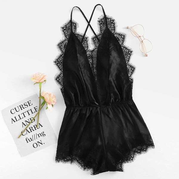 

Criss Cross Lace Trim Romper