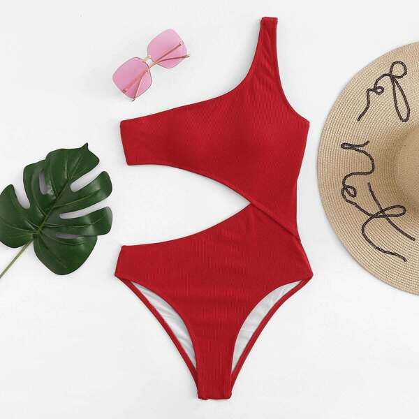

One Shoulder Cutout One-Piece Swimsuit, Red