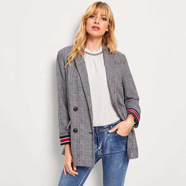 

Contrast Striped Tape Plaid Blazer, Grey