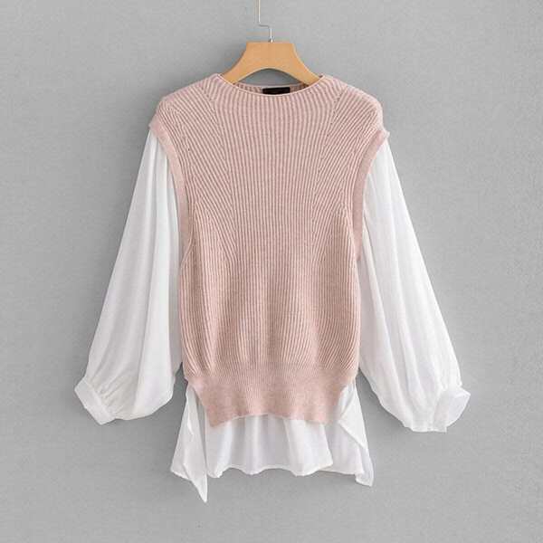

Contrast 2 In 1 Lantern Sleeve Jumper, Pink