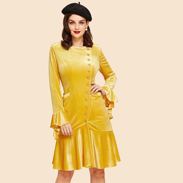 

Button Up Ruffle Hem Dress, Yellow