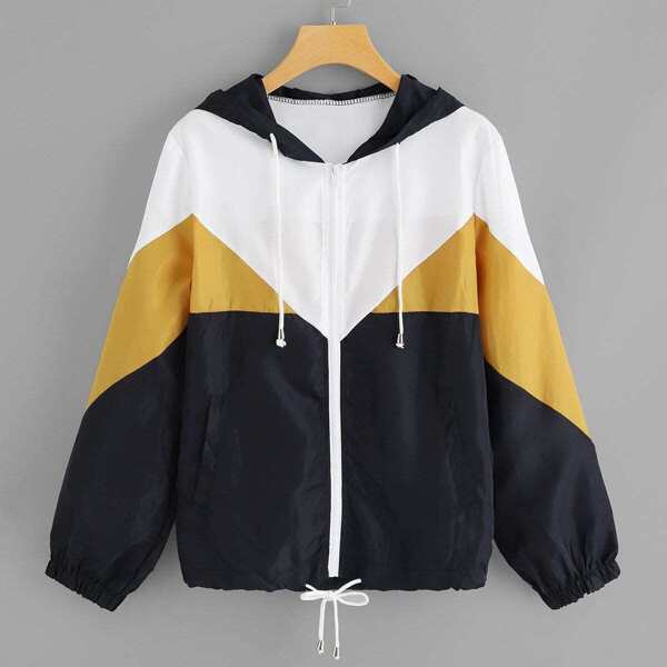 

Color Block Drawstring Hem Hooded Jacket, Multicolor