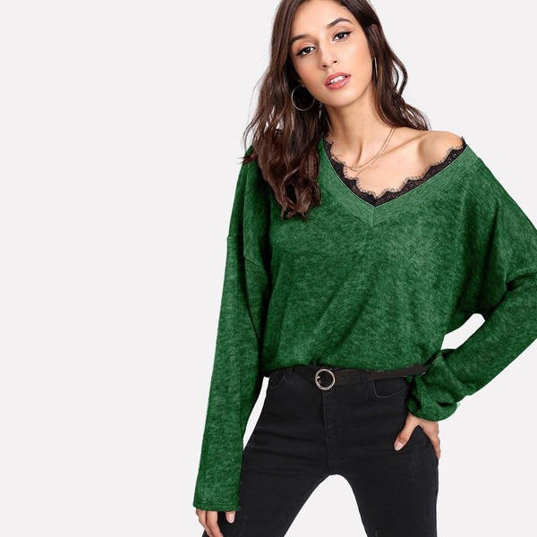 

Lace Trim V Neck Sweater, Green