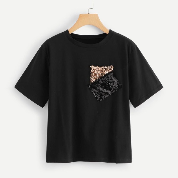 

Contrast Sequin Pocket Round Neck Tee, Black