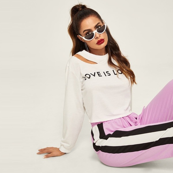 

Letter Print Cut Out Neck Pullover