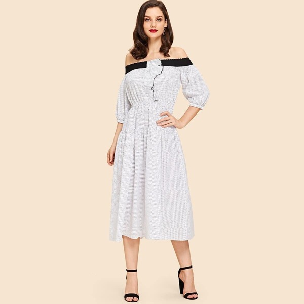 

Contrast Tape Off Shoulder Dress, Black and white