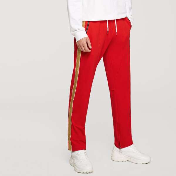 

Men Waist Elastic Pocket Striped Joggers, Red