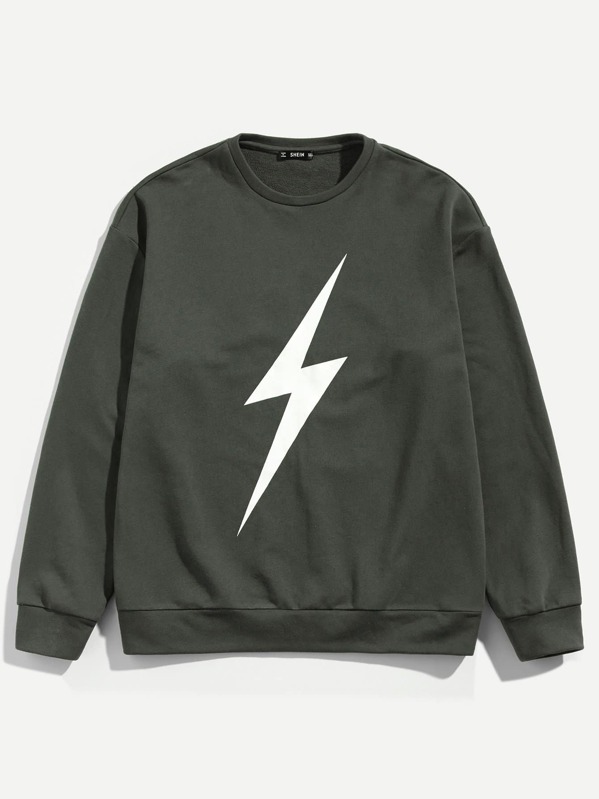 

Men Crew Neck Lightning Print Pullover, Grey