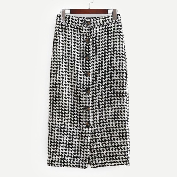 

Button Through Houndstooth Skirt, Black and white