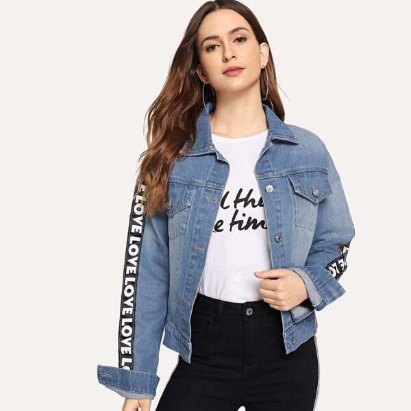 

Letter Tape Side Denim Jacket, Blue