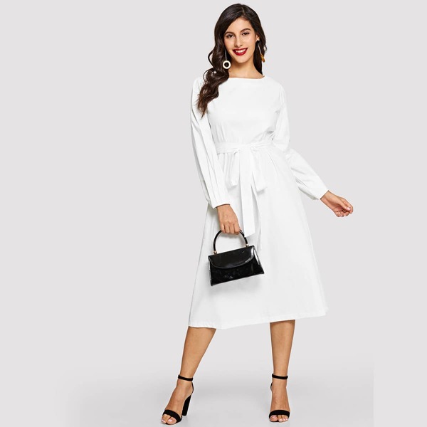 

Self Tie Waist Dress, White