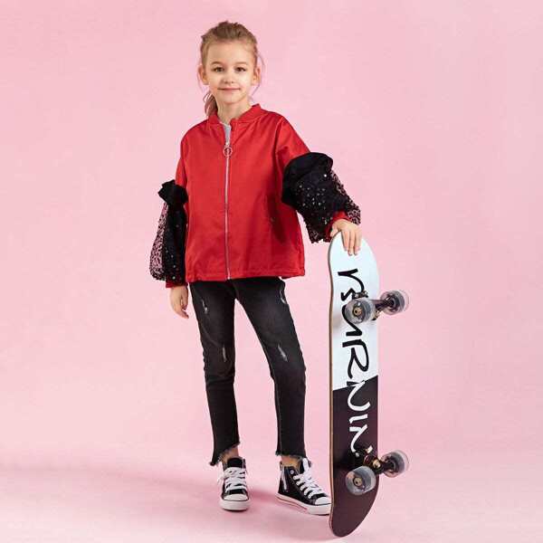

Girls Contrast Sequin Sleeve Jacket, Red