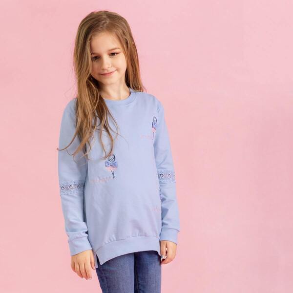 

Girls Contrast Lace Embroidered Sweatshirt, Blue