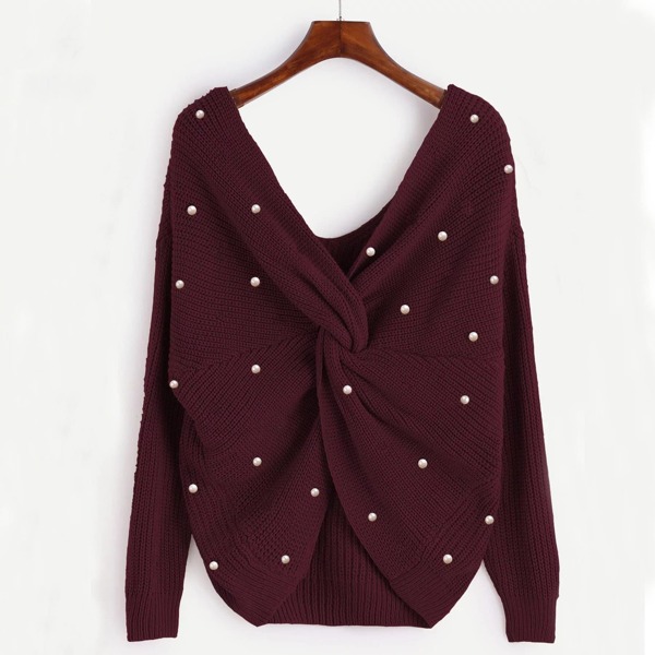 

Plus Twist Front Beaded Detail Sweater, Burgundy