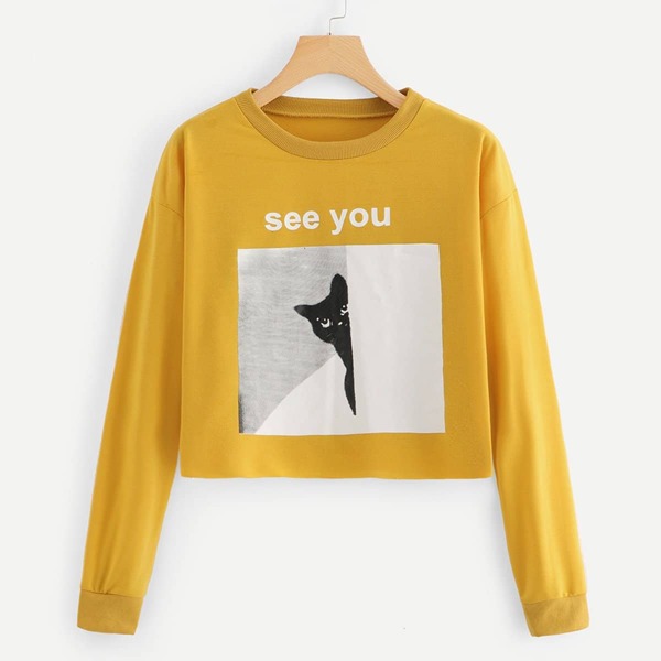 

Cat Print Sweatshirt, Yellow