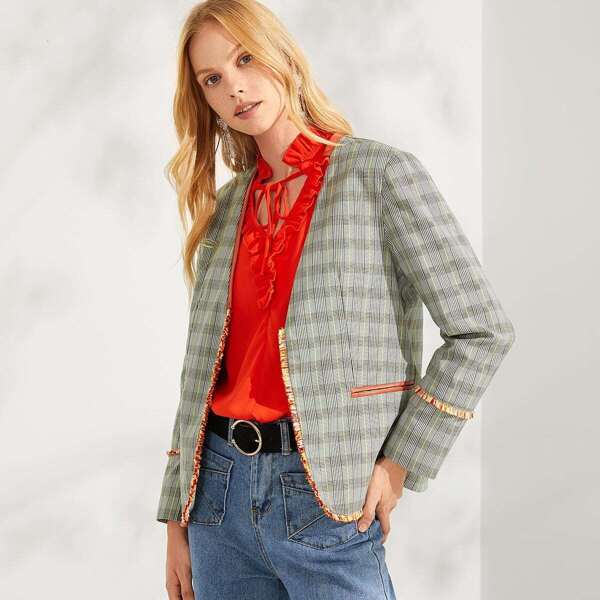

Raw Hem Plaid Print Blazer, Grey