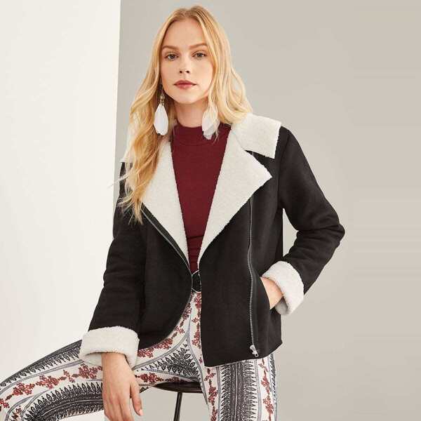 

Zip Detail Faux Shearling Coat, Black