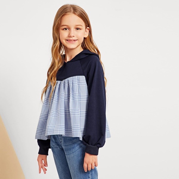 

Girls Contrast Plaid Print Hoodie Sweatshirt, Multicolor