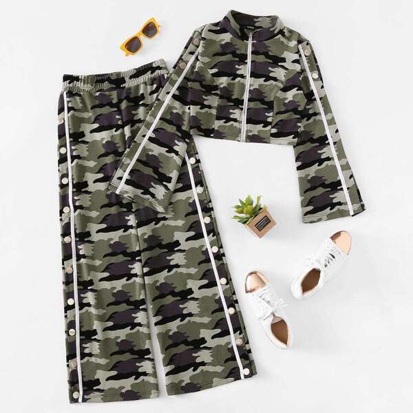

Zip Up Split Sleeve Camo Top & Slit Wide Pants Set