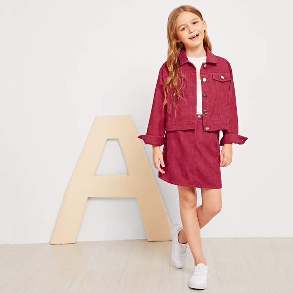 

Girls Button Front Collar Coat & Skirt Set