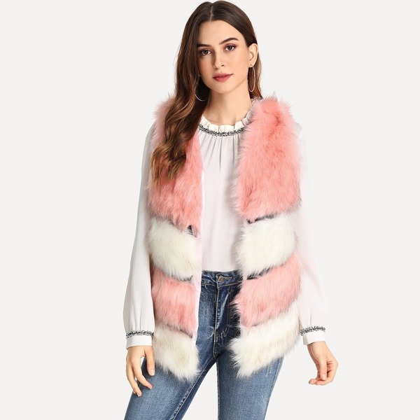 

Color Block Soft Faux Fur Shell Coat, Multicolor