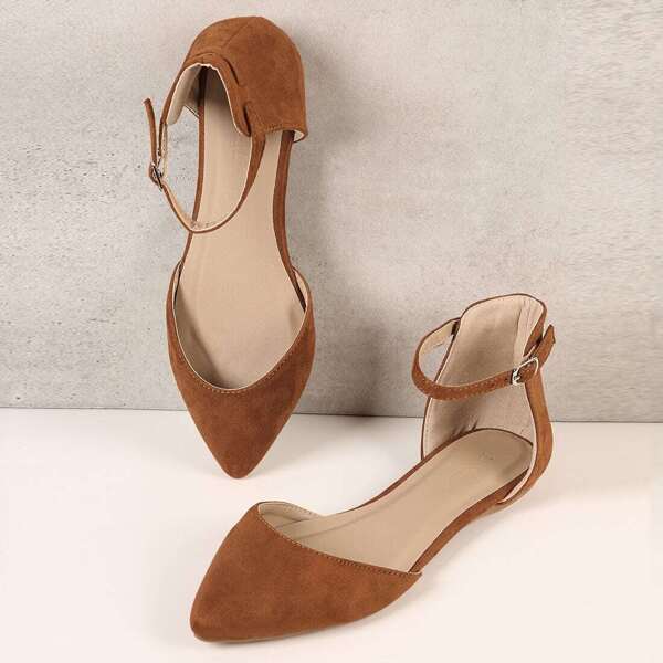 

Pointed Toe Ankle Strap Flats, Tan