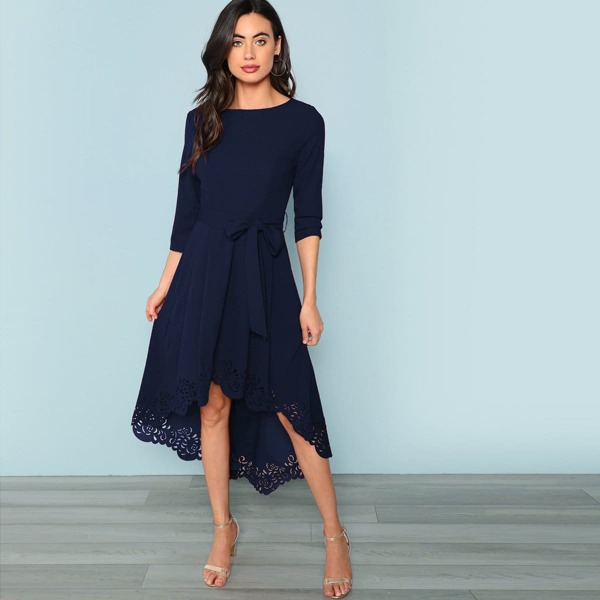 

Laser Cut Dip Hem Dress with Belt