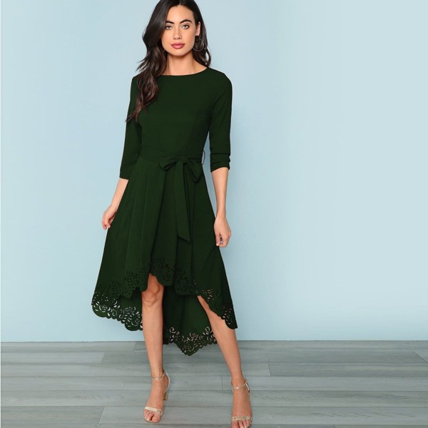 

Laser Cut Dip Hem Dress with Belt, Green