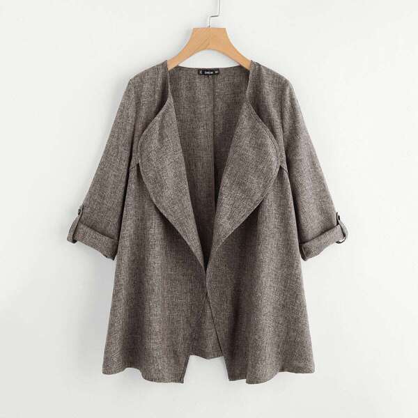 

Rolled Up Cuff Drape Collar Marled Coat, Grey