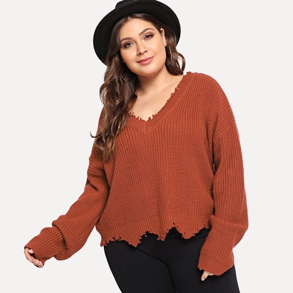 

Plus V Neck Raw Cut Trim Sweater