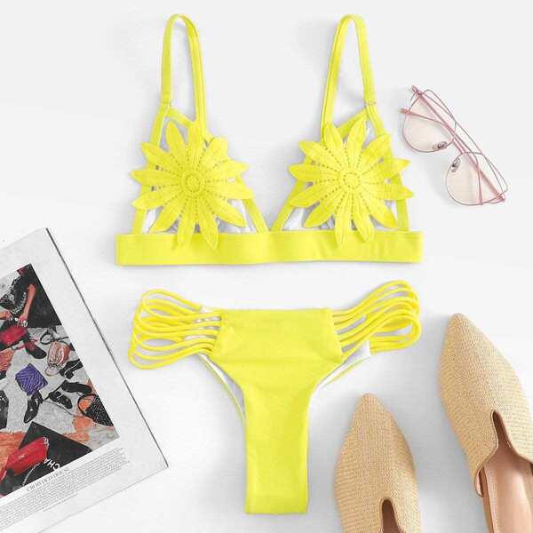 

Neon Yellow Applique Top With Ladder Cut-out Bikini