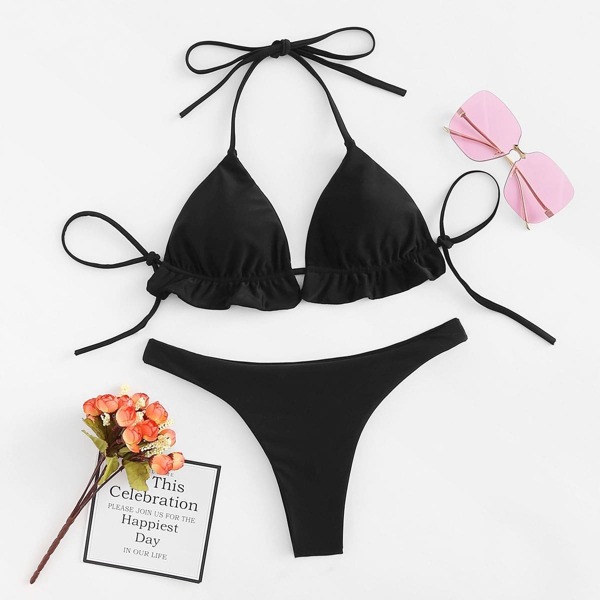 

Self Tie Triangle Halter Top With Thong Bikini