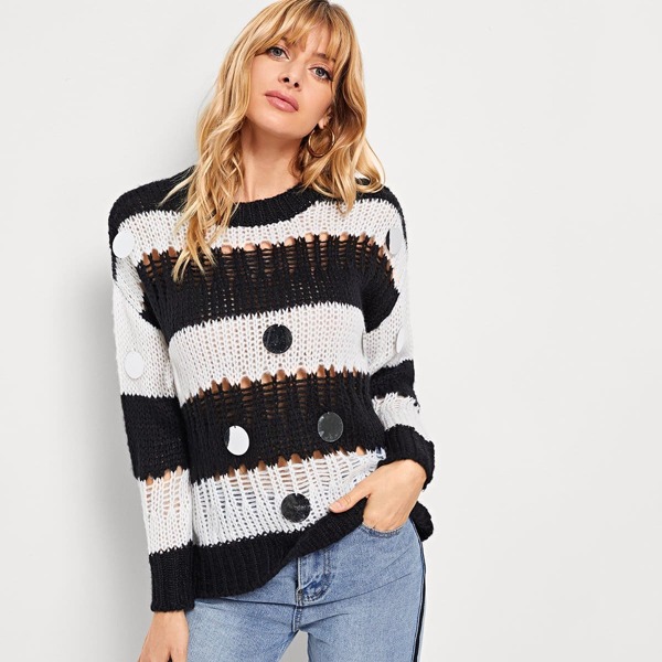 

Sequin Detail Cut Out Colorblock Sweater