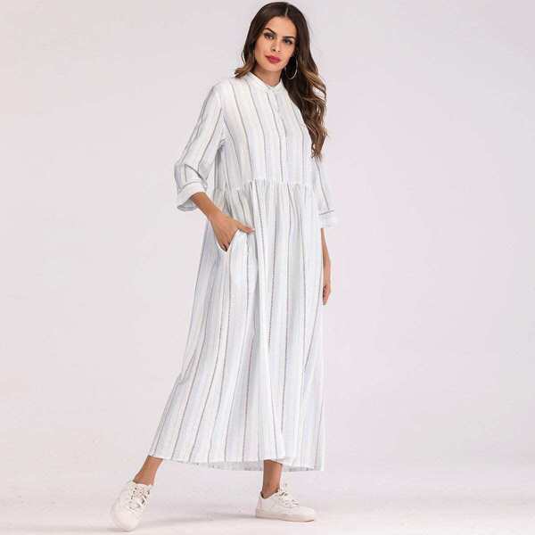 

Stripe Smock Maxi Shirt Dress, Beige