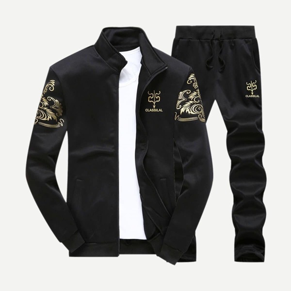 

Men Letter Print Jacket With Drawstring Pants, Black